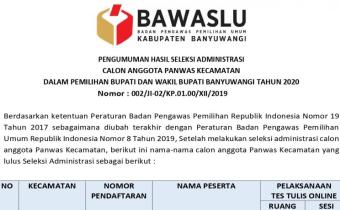 PENGUMUMAN HASIL SELEKSI ADMINISTRASI CALON ANGGOTA PANWAS KECAMATAN PILKADA TAHUN 2020